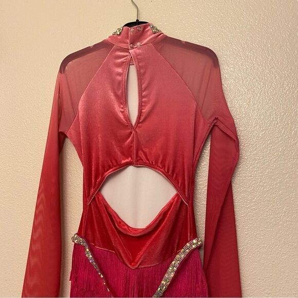 WEISSMAN Dance Costume hot pink fringe velvet mesh sleeve All The Ways 13290 SA - Picture 4 of 12